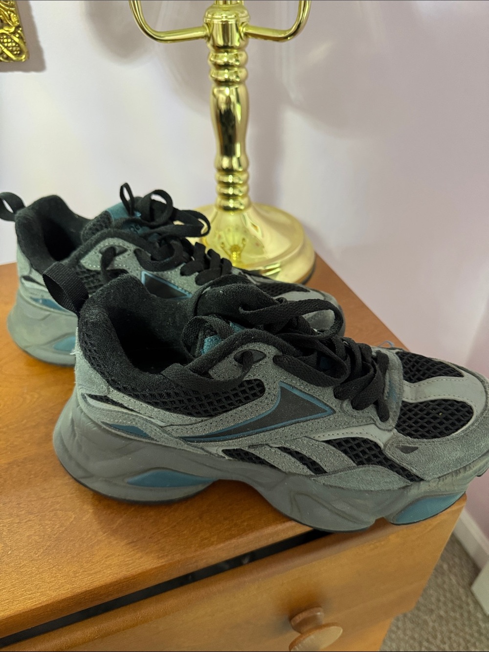 Reebok Gray and Black Athletic Sneakers with Blue Accents